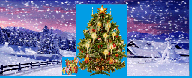 a christmas tree with a star on top of it in a snowy scene