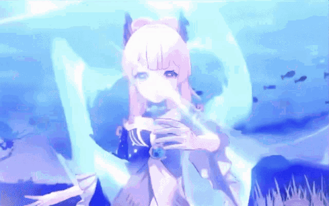 a girl with pink hair is holding a blue object in her hand