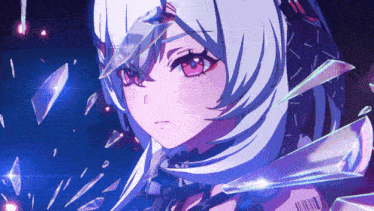 a girl with white hair and red eyes is surrounded by pieces of glass