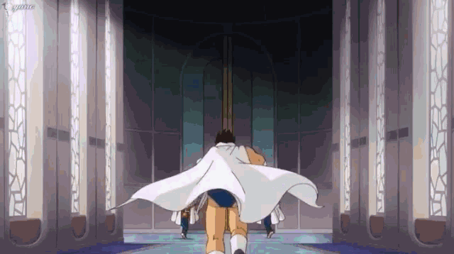 a man in a white cape is walking through a room