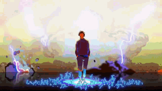 a pixel art of a man standing in front of a purple lightning storm