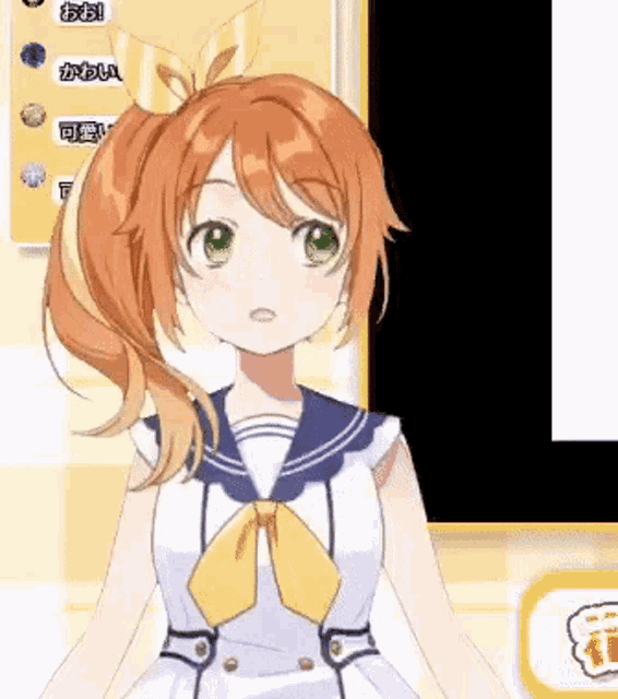 a girl with orange hair and green eyes is wearing a sailor suit and a bow tie .