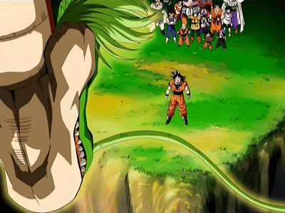 a group of cartoon characters are standing in a field and one of them has a shirt that says ' goku '