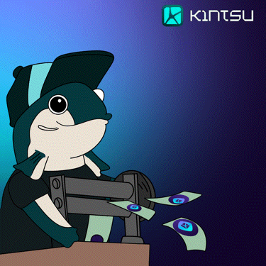 a cartoon of a shark using a sewing machine with the word kintsu on the bottom