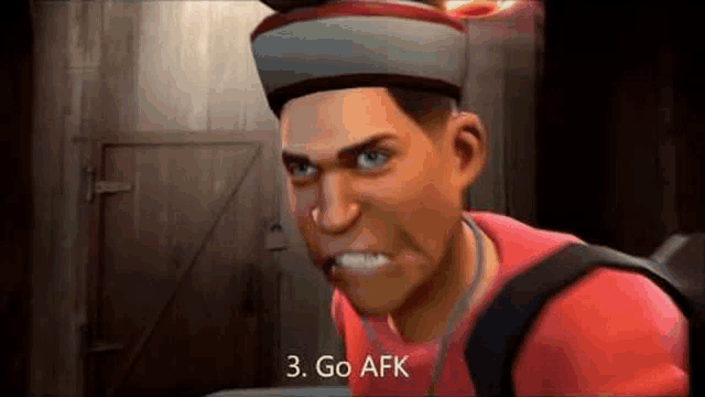 a man in a red shirt and a hat is making a funny face .