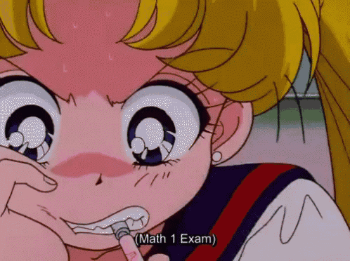 a cartoon girl with a syringe in her mouth and the words math 1 exam below her