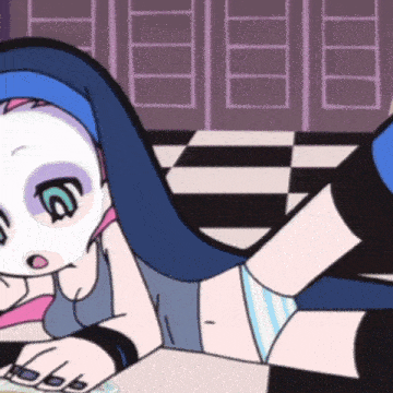 a cartoon drawing of a girl laying on the floor with a checkered floor in the background