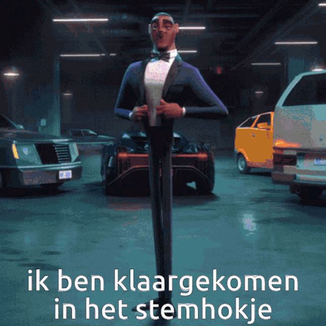 a man in a tuxedo is standing in front of a car and says ik ben klaargekomen in het stemhoekje