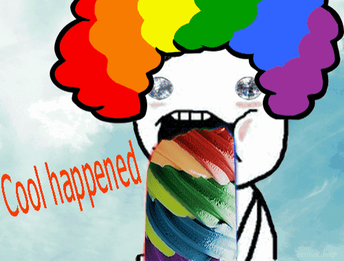a drawing of a clown with a rainbow wig and the words cool happened