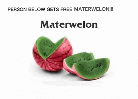 a person below gets free materwelon with a red arrow pointing to the watermelon