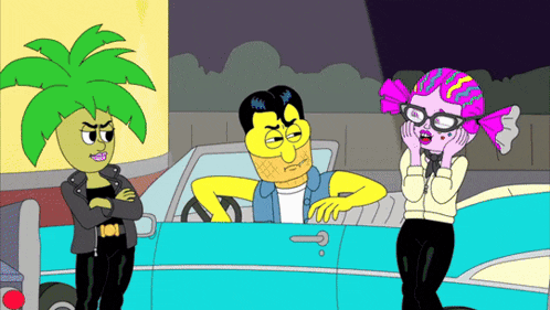 a cartoon drawing of a man and two women standing next to a blue car