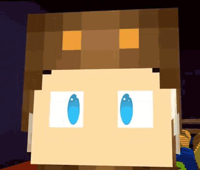 a close up of a minecraft character 's head with blue eyes