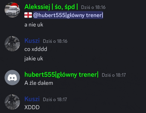 a screenshot of a conversation between hubert555 and kusz
