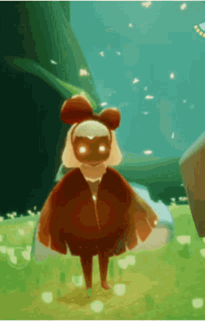a cartoon character is standing in a grassy field wearing a mask .