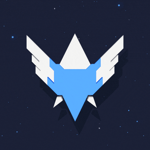 a blue and white triangle with white wings on a dark background