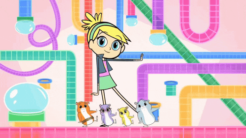 a cartoon girl is standing next to a bunch of hamsters on a pink tiled floor