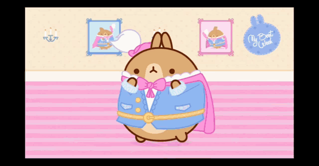 a cartoon of a rabbit wearing a blue jacket with a pink cape