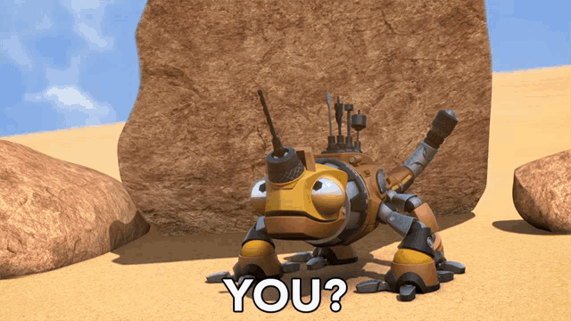 a cartoon character asks " you " in front of a large rock