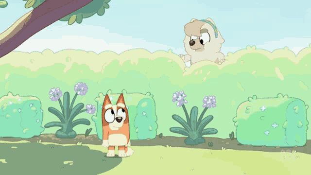 a cartoon dog is standing in a field of flowers