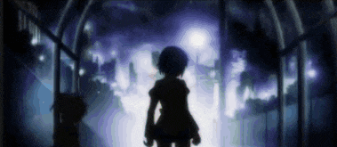a silhouette of a girl standing in a dark room with a purple background .