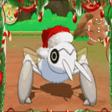 a white cartoon character wearing a santa hat