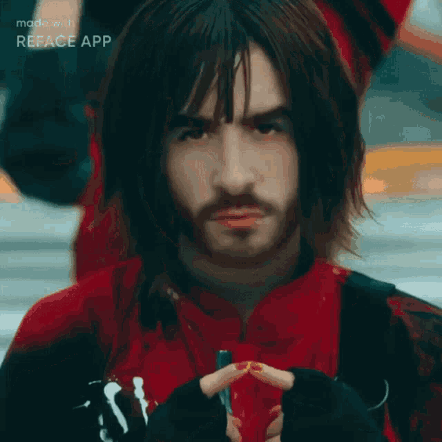 a man with long hair and a beard is made with reface app ..