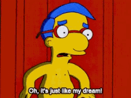 a cartoon character says oh it 's just like my dream on a red background