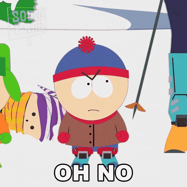 stan marsh from south park is standing in the snow with the words oh no behind him
