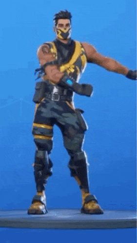 a man in a mask is standing in front of a blue background in a video game .