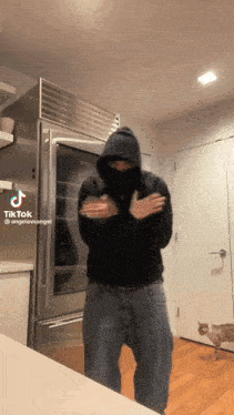 a man in a black hoodie is standing in front of a refrigerator with a cat behind him and a tiktok watermark