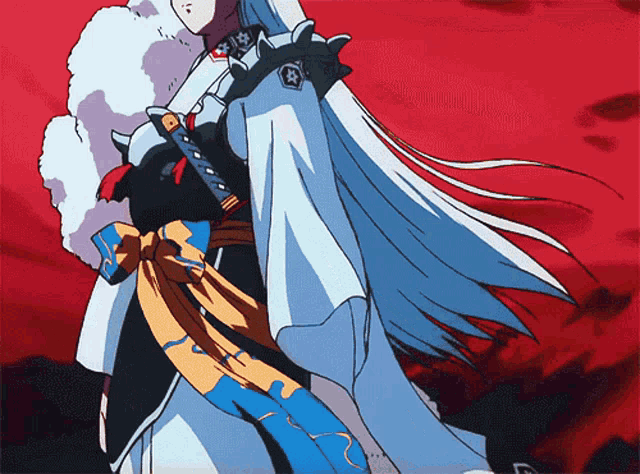 a cartoon drawing of a person with long white hair and a sword