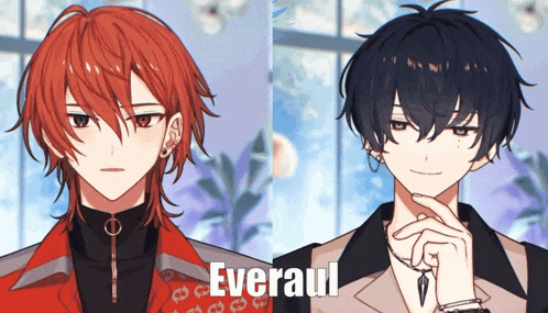 two anime characters with the name everaul written on the bottom