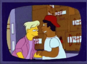 a cartoon shows a man and a woman shaking hands in front of boxes that say duff
