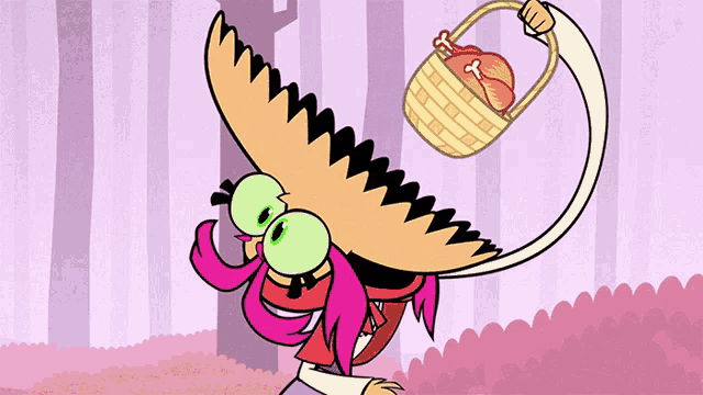 a cartoon character is holding a basket with a bone in it