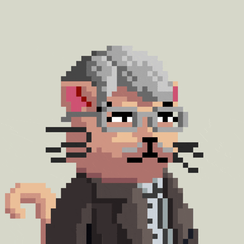 a pixel art of a cat wearing glasses and a brown jacket