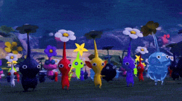 a bunch of colorful cartoon characters are standing in a field