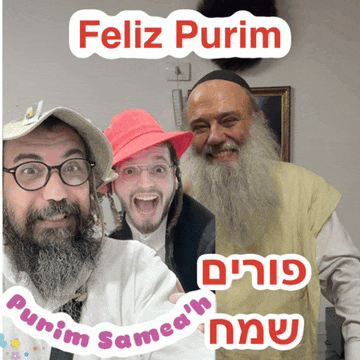 a group of men are posing for a picture with the words feliz purim in the upper left corner