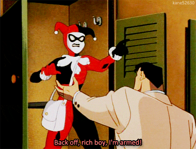 a cartoon of harley quinn saying back off rich boy