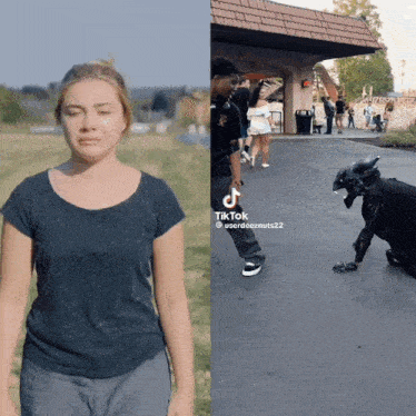 a woman is crying next to a dog and a tiktok video