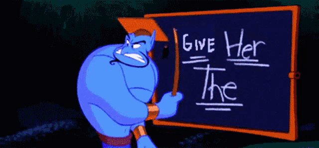 a cartoon character holding a blue sign with a letter d on it