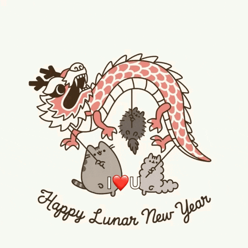a happy lunar new year greeting card with a dragon and two cats