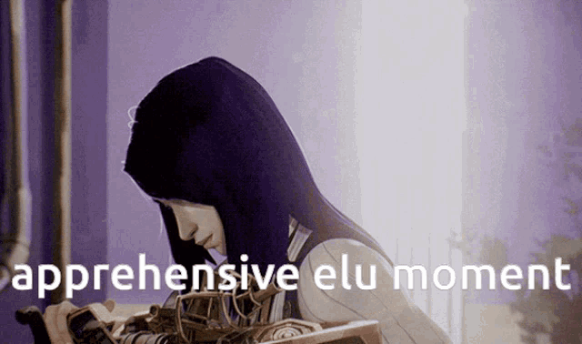 a picture of a woman with the words " apprehensive elu moment " written below her