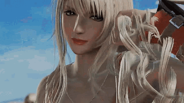 a woman with long blonde hair is wearing a bikini top