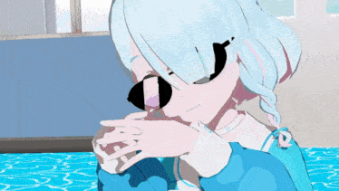 a cartoon character with blue hair and sunglasses on
