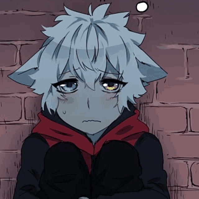 a cartoon character with blue hair and yellow eyes is sitting against a brick wall