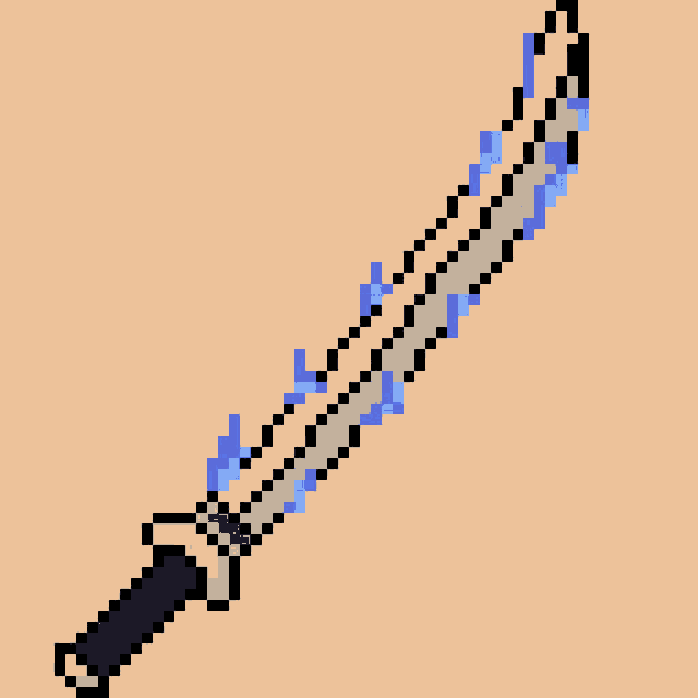 a pixel art of a sword with blue flames coming out of it