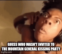 a woman is talking on a cell phone with a caption that says guess who wasn t invited to the mountain general kissing party