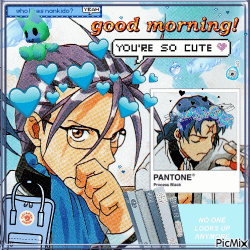 a picture of a man with glasses and hearts says good morning