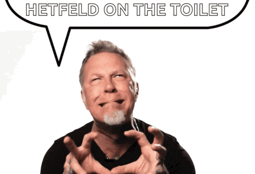 a man with a speech bubble that says hetfeld on the toilet behind him