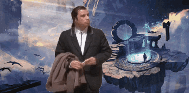 a man in a suit stands in front of a painting of a floating island